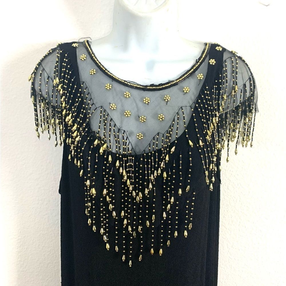 Vintage Black Christmas New Years Festive Dress w/ Gold Sheer Beaded Overlay